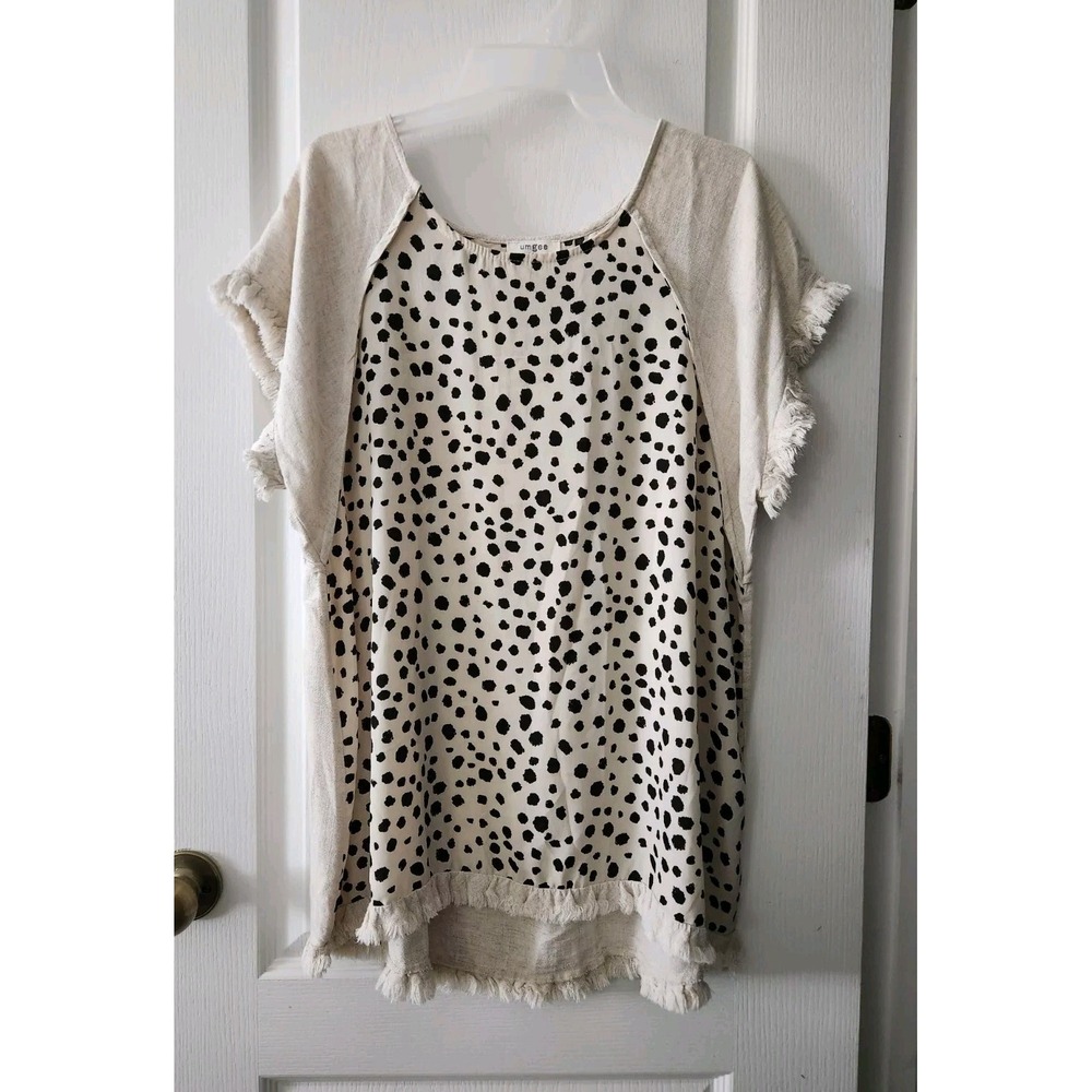 UMGEE Womens Frayed Hem linen‎ Leopard Printed High Low Tunic top Short Sleeve L